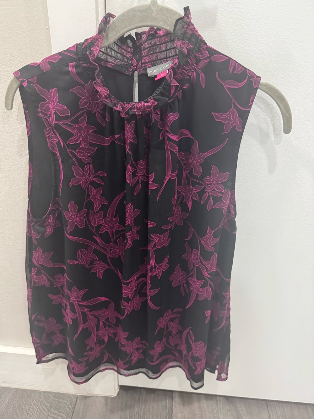 Vince Camuto Black with Fuchsia Floral Ruffle Mock-Neck Sleeveless Top